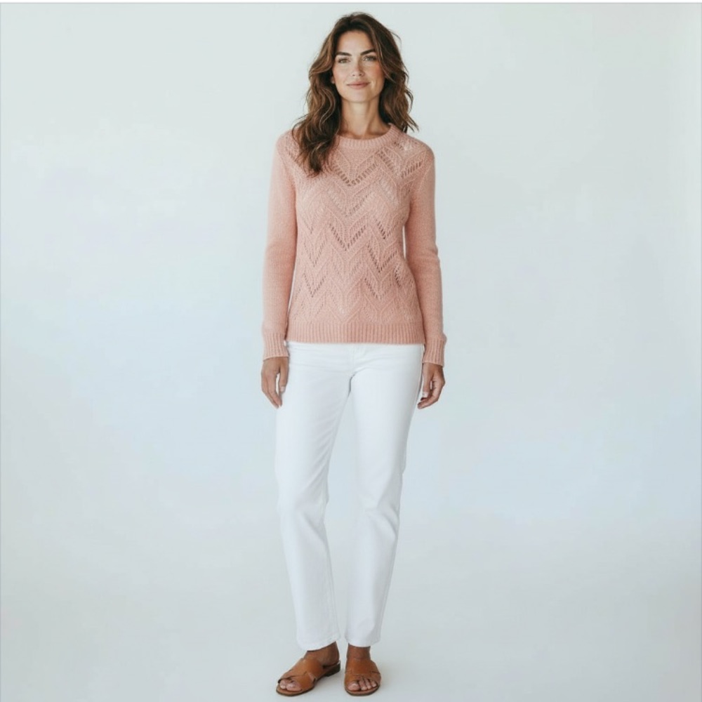 Talbots Pastel Pink Peach Chevron Pointelle Open Knit  Sweater Size Medium